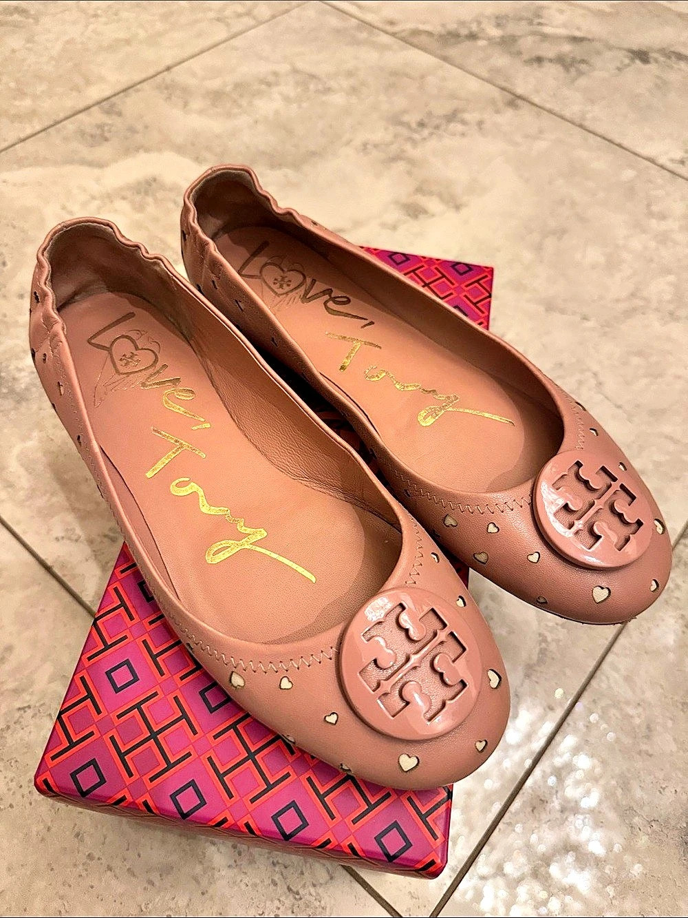 Tory Burch Minnie Travel Ballet with Heart Studs Ballet Flats Pink US 8